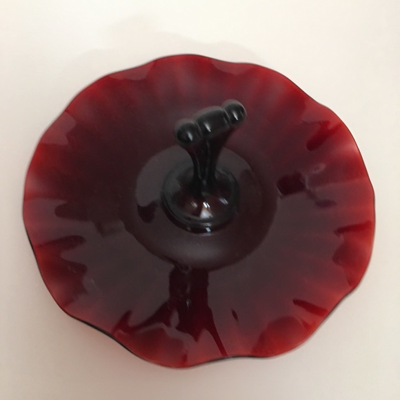 Vintage art Deco Cranberry Glass Candy Dish Wavy Edging with Handle Trinket Tray - Picture 10 of 11